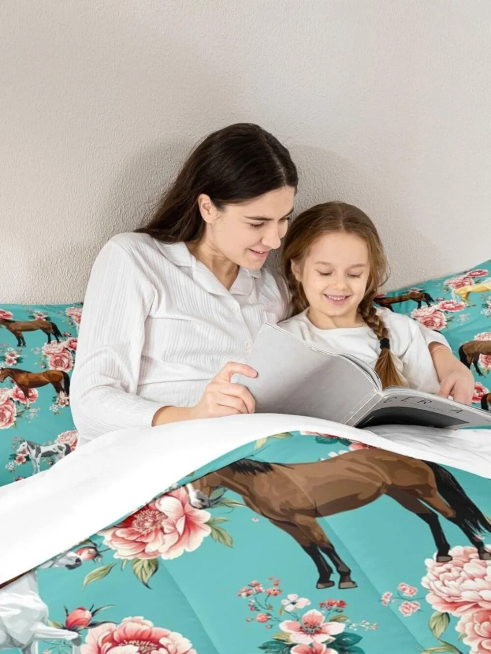 Girls Horse Comforter Set - Full Size Pink Flower Bedding Set for Kids - Gallopi